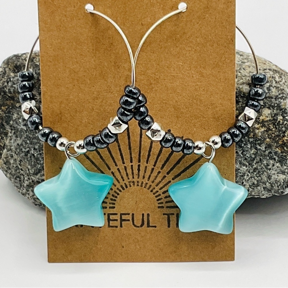 Earrings Hoops Cat’s Eye Hematite Stone Star Silver Tone Anime Blue Celestial #B